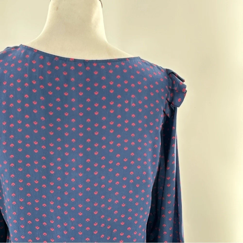 Petticoat Alley top S blue red 100% silk ruffle button down statement sleeves